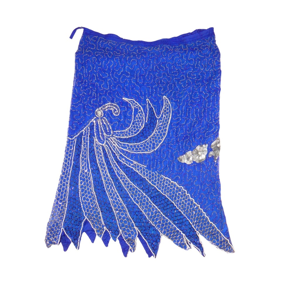 Vintage Royal Blue 100% Silk Beaded Peacock Sharkbite Hem Midi Skirt India 3314